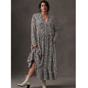 Mare Mare x Anthropologie Black White Cheetah Print Long Sleeve Midi Dress S